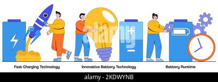 Fast charging technology, innovative battery technology, battery runtime concept with people character. Accumulator capacity, energy power source main Stock Vector