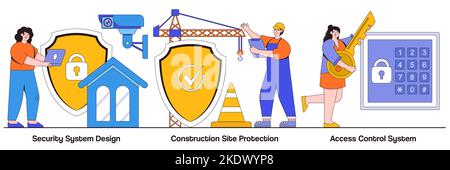 Security system design, construction site protection, authorized access control system concept with people character. Construction security services i Stock Vector