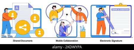 Shared document, mobile collaboration, electronic signature concept with people character. Digital documentation vector illustration set. Remote colle Stock Vector