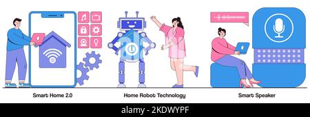 Smart home 2.0, home robot technology, voice-activated speaker concept with tiny people. Smart living environment vector illustration set. Vacuum clea Stock Vector