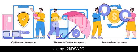On demand insurance, electronic device insurance, peer to peer insurance concept with people character. Services ordering, financial protection, risk Stock Vector