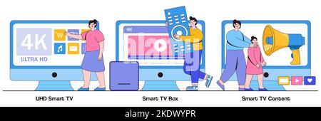 UHD smart TV, smart TV box, 4k video content concept with tiny people. Watch TV vector illustration set. Home entertainment movie theatre, online vide Stock Vector