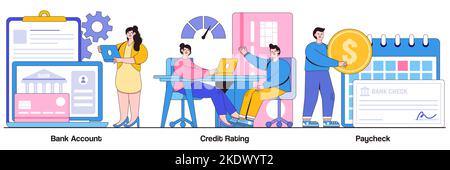 Bank account, credit rating, paycheck concept with people character. Financial services cartoon abstract vector illustration set. Debit card payment, Stock Vector