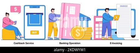 Cashback service, banking operation, e-invoicing concept with tiny people. E-banking abstract vector illustration set. Return on investment, financial Stock Vector