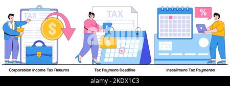 Corporation income tax returns, tax payment deadline, instalment tax payments concept with tiny people. Tax payment conditions abstract vector illustr Stock Vector