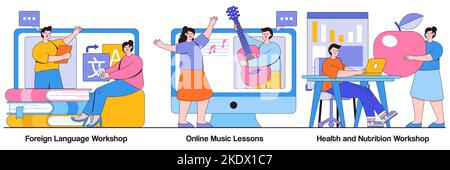 Foreign language workshop, online music lesson, health and nutrition workshop concept with tiny people. Supplementary education vector illustration se Stock Vector