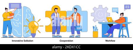 Innovative solution, cooperation, workflow concept with tiny people. Effective work abstract vector illustration set. Creative ideas generation, team Stock Vector