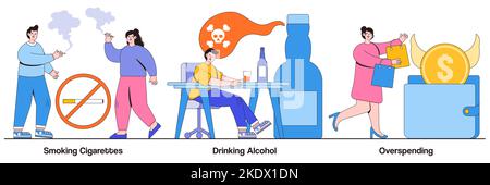 Smoking cigarettes, drinking alcohol, overspending concept with tiny people. Bad habits vector illustration set. Tobacco and nicotine addiction, alcoh Stock Vector