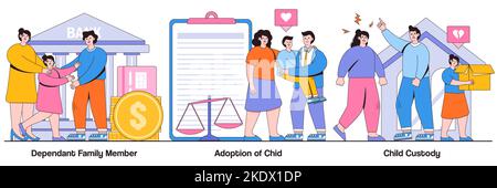 Dependant family member, adoption of a child, child custody concept with tiny people. Family law vector illustration set. Alimony, parents divorce, sa Stock Vector