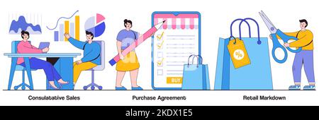 Consultative sales, purchase agreement, retail markdown concept with tiny people. Marketing and promotion vector illustration set. Terms and condition Stock Vector