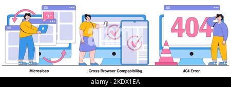 Microsite interface, cross-browser compatibility, 404 error concept with tiny people. Web development vector illustration set. Programming, company pa Stock Vector