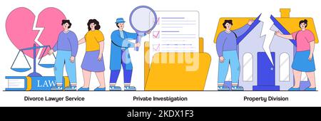 Divorce lawyer, private investigation, property division concept with tiny people. Legal service and investigation vector illustration set. Family law Stock Vector