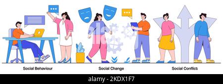 Social behaviour, change and conflict concept with tiny people. People interaction and communication abstract vector illustration set. Arguments, norm Stock Vector