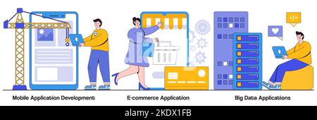Mobile application development, ecommerce app, big data concept with tiny people. Commercial software vector illustration set. Management software, UI Stock Vector