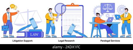 Litigation support, legal research, paralegal services concept with tiny people. Law firm vector illustration set. Forensic accounting, consulting, da Stock Vector