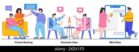 Friends meeting, romantic and blind date concept with tiny people. Hangouts vector illustration set. Leisure time, soul mate, romantic relationship, l Stock Vector