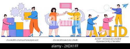 Social-emotional development, social interaction skills, ADHD - attention deficit hyperactivity disorder concept with tiny people. Child psychology ab Stock Vector