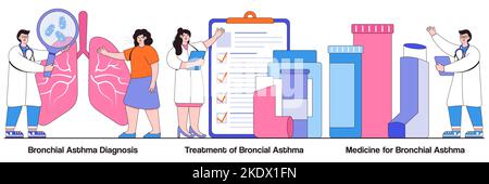 Bronchial asthma diagnosis, treatment and medicine concept with tiny people. Respiratory illness vector illustration set. Shortness of breath, breathi Stock Vector