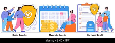 Social security, maternity and survivors benefit concept with tiny people. State allowance vector illustration set. Retirement insurance, parental sup Stock Vector
