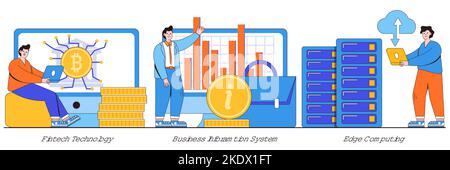 FinTech technology, business information system, edge computing concept with tiny people. IT infrastructure and technology integration vector illustra Stock Vector