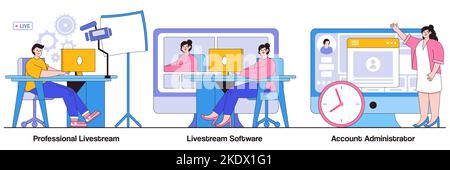 Professional livestream, software and account administrator concept with tiny people. Online live event vector illustration set. Broadcasting service, Stock Vector