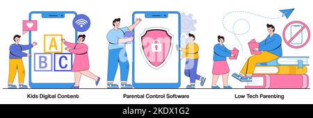 Kids digital content, parental control software, low tech parenting concept with tiny people. Children media access vector illustration set. Screen ti Stock Vector