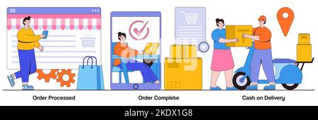 Order processed, order complete, cash on delivery concept with tiny people. Purchase process vector illustration set. Online store, e-commerce website Stock Vector