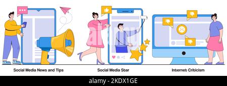 Social media news and tips, social media star, internet criticism concept with tiny people. Set of digital content, influencer, personal blog, hate sp Stock Vector