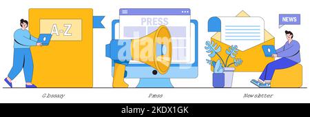 Glossary, press, newsletter concept with tiny people. Mass media, online daily news magazine subscription abstract vector illustration set. Internet c Stock Vector