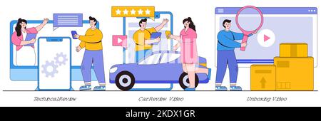 Technical review, car review video, unboxing video concept with tiny people. Product client feedback cartoon abstract vector illustration set. Custome Stock Vector