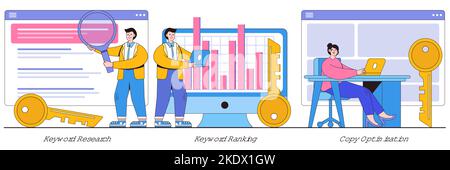 Keyword research, keyword ranking, copy optimization concept with tiny people. Search engine optimization service abstract vector illustration set. SE Stock Vector