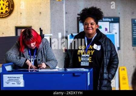 Reno, United States. 08th Nov, 2022. Observers register to watch the voting process. Election day in Northern Nevada is met with a winter storm but turn remained busy for in person voting. Along side local elections the state will also vote on a Senator position and State Governor. Credit: SOPA Images Limited/Alamy Live News Stock Photo