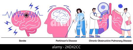 Stroke and parkinson disease tremor, chronic obstructive pulmonary disease concept with people character. Senior people illness vector illustration se Stock Vector