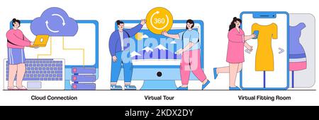 Cloud connection, virtual tour, virtual fitting room concept with people character. Online data transfer and virtual experience vector illustration se Stock Vector