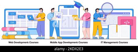 Web development courses, mobile app development and IT management classes concept with people character. Information technology career vector illustra Stock Vector