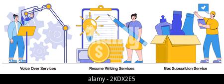 Voice over services, resume writing, box subscription concept with people character. Online based jobs vector illustration set. Audio and video produc Stock Vector