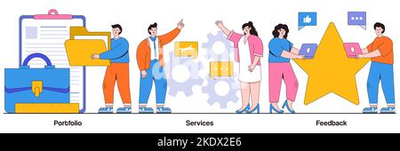 Portfolio, services, feedback concept with people character. Candidate CV, job searching Internet service abstract vector illustration set. Customer r Stock Vector
