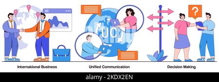 International business, unified communication, decision making concept with people character. Business communication and collaboration, teamwork, part Stock Vector
