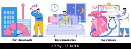 High stress levels, sleep disturbances, hypertension concept with people character. Stressful life vector illustration set. Digital overload, mental h Stock Vector