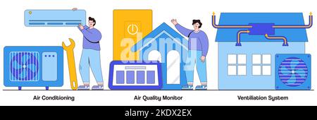 Air conditioning, air quality monitor, ventilation system concept with people character. Indoor weather and climate control technology vector illustra Stock Vector