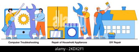 Computer troubleshooting, DIY repair of household appliances concept with people character. Repair and maintenance services vector illustration set. W Stock Vector
