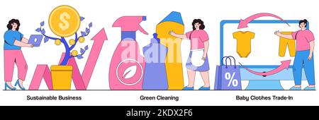 Sustainable business, green cleaning, baby clothes trade-in concept with people character. Environmentally friendly business vector illustration set. Stock Vector