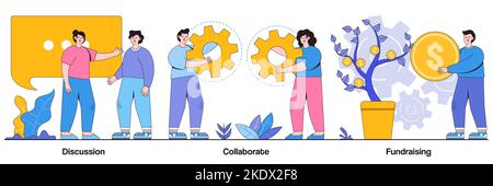 Discussion, collaboration, fundraising concept with people character. Teamwork and coworking web banners abstract vector illustration set. Online busi Stock Vector