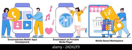 Smartwatches mobile apps development, portable media player, mobile based marketplace concept with people character. Wearable devices vector illustrat Stock Vector