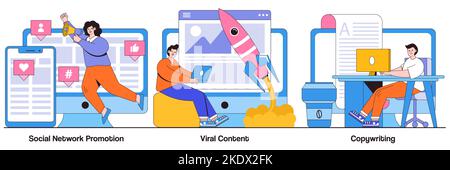 Social network promotion, viral content, copywriting concept with people character. Digital marketing types abstract vector illustration set. SMM, inf Stock Vector