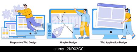 Responsive web design, graphic design, web application design concept with people character. Adaptive programming vector illustration set. Multi devic Stock Vector