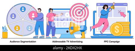 Audience segmentation, addressable tv advertising, ppc campaign concept with people character. Targeted promotion, SEO, digital marketing vector illus Stock Vector