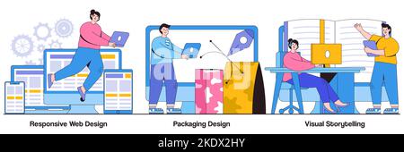 Responsive web design, packaging design, visual storytelling concept with people character. Cross platform development, brand development, content mar Stock Vector
