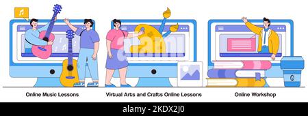 Online music lessons, virtual arts and crafts online lessons, online workshop concept with people character. Online education while self-isolation vec Stock Vector