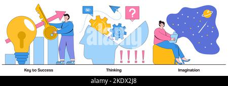 Key to success, thinking and imagination concept with people character. Personal and professional growth vector illustration set. Brainstorming, idea Stock Vector